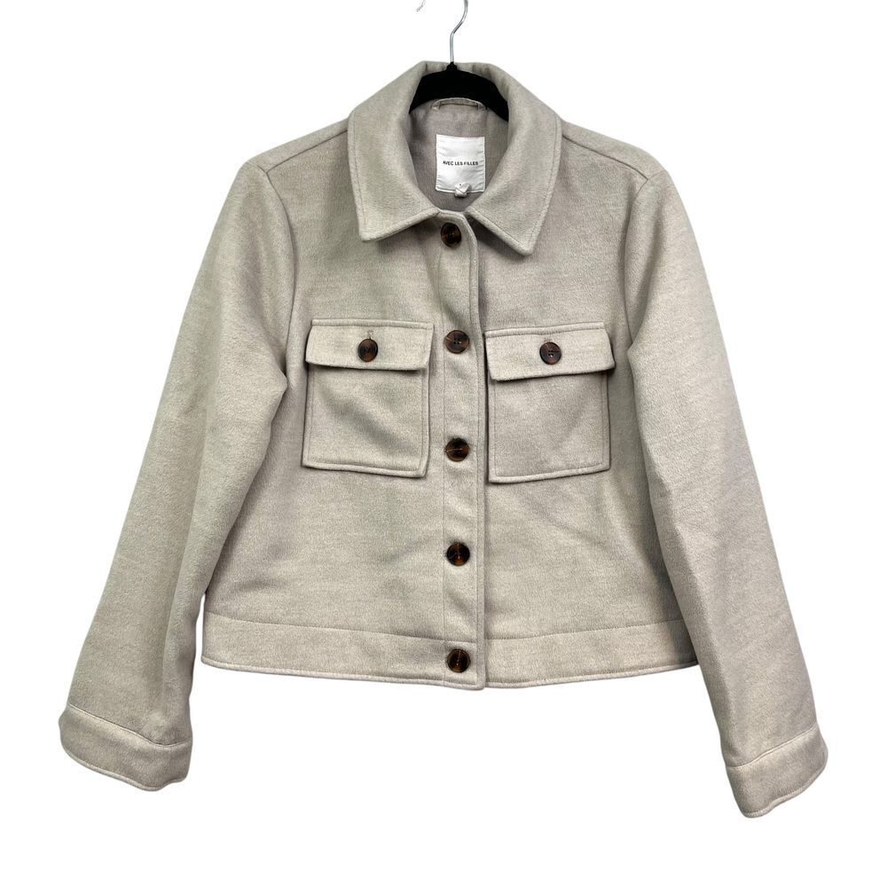 Avec Les Filles Womens Jacket Collared Button Front Flap Pockets Beige Size M*